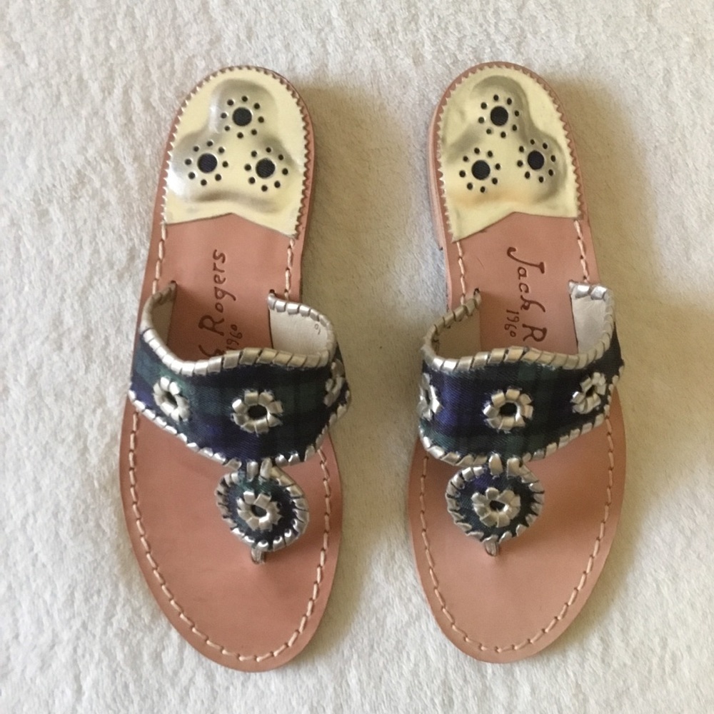 Jack Rogers Tartan plaid Jack Sandals + silver 6